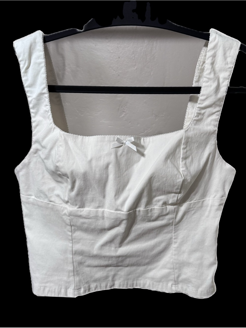 White Square Neck Coquette Cropped Tank Top with Micro Bow Detail - Lg.